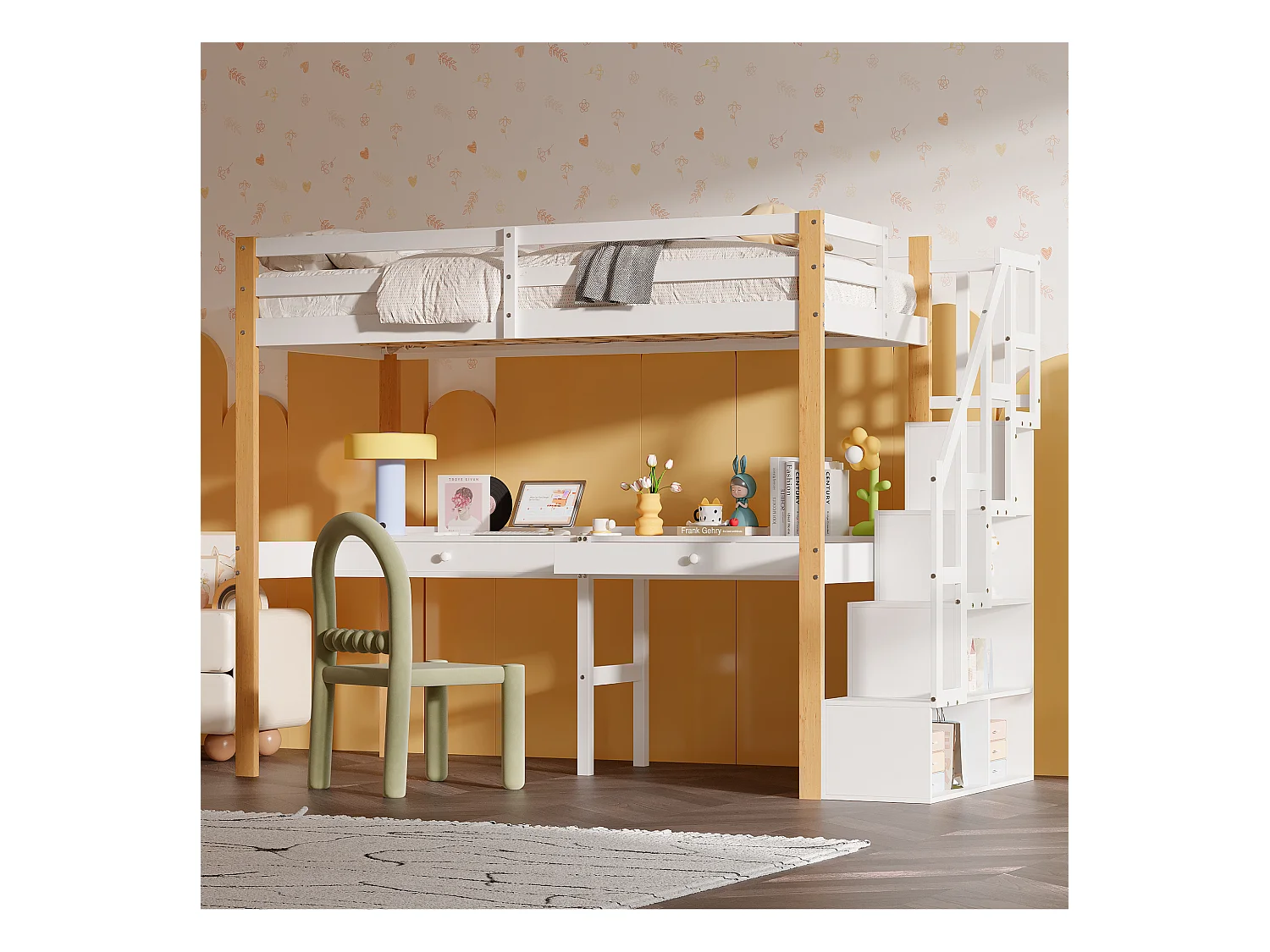 Etagenbett 90x200 cm, Hochbett mit Schreibtisch, Kinderbett mit Stauraumtreppe, Sicherheitsgeländer, weiß