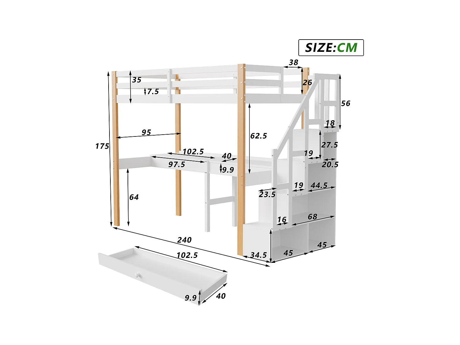 Etagenbett 90x200 cm, Hochbett mit Schreibtisch, Kinderbett mit Stauraumtreppe, Sicherheitsgeländer, weiß
