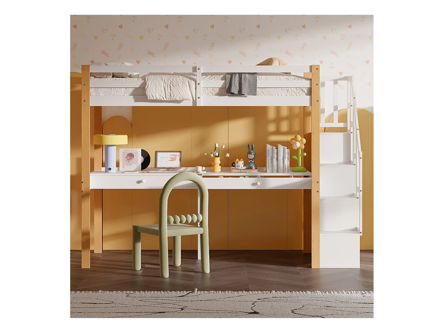 Etagenbett 90x200 cm, Hochbett mit Schreibtisch, Kinderbett mit Stauraumtreppe, Sicherheitsgeländer, weiß