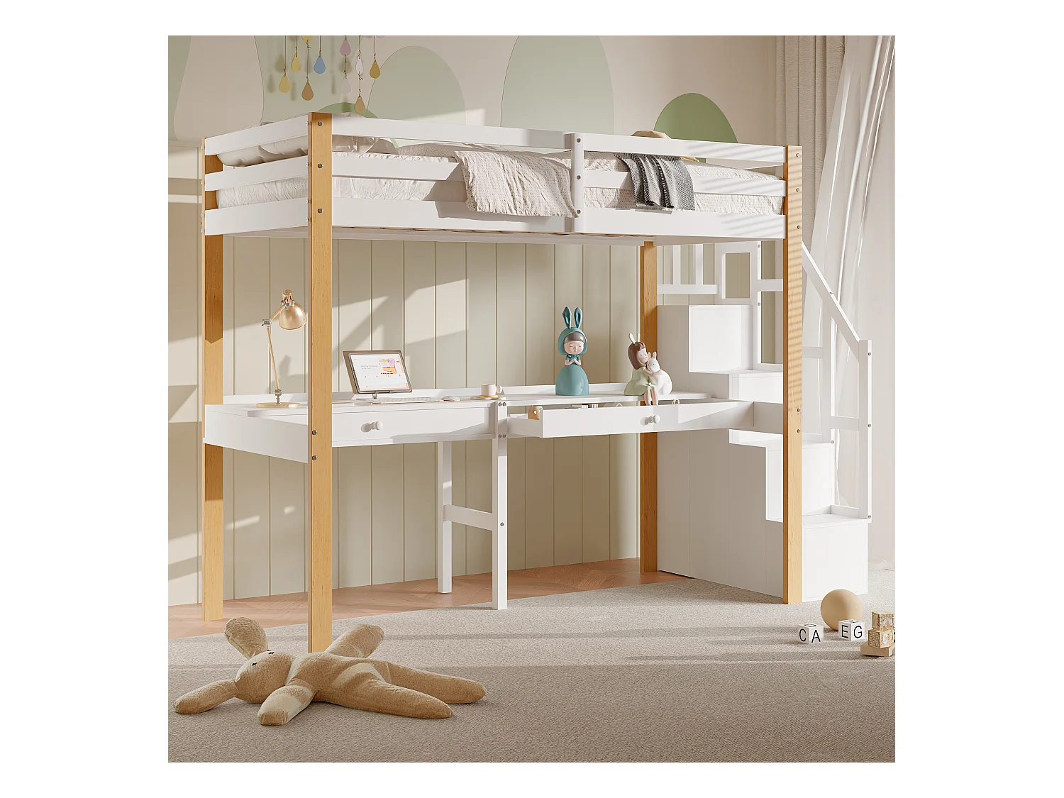 Etagenbett 90x200 cm, Hochbett mit Schreibtisch, Kinderbett mit Stauraumtreppe, Sicherheitsgeländer, weiß