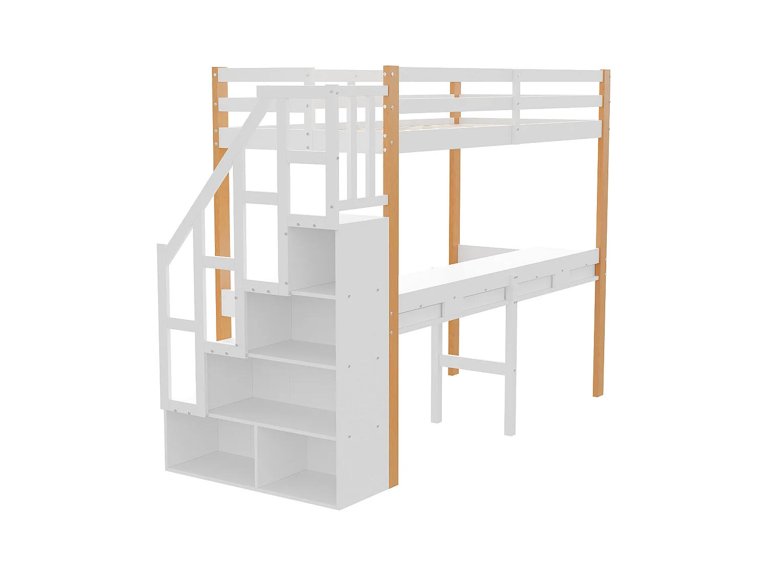 Etagenbett 90x200 cm, Hochbett mit Schreibtisch, Kinderbett mit Stauraumtreppe, Sicherheitsgeländer, weiß