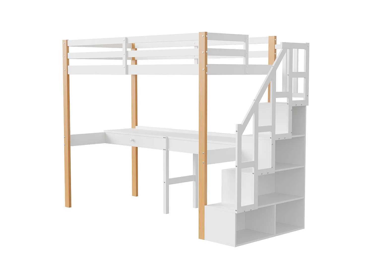 Etagenbett 90x200 cm, Hochbett mit Schreibtisch, Kinderbett mit Stauraumtreppe, Sicherheitsgeländer, weiß