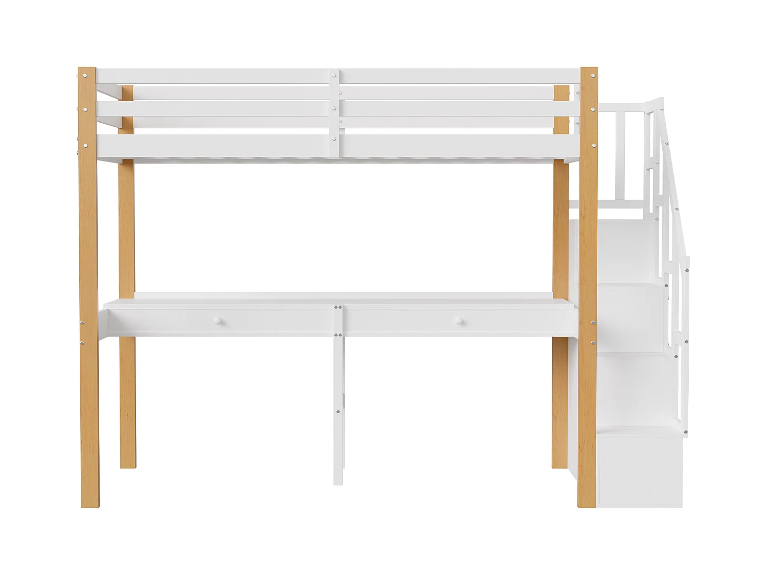 Etagenbett 90x200 cm, Hochbett mit Schreibtisch, Kinderbett mit Stauraumtreppe, Sicherheitsgeländer, weiß