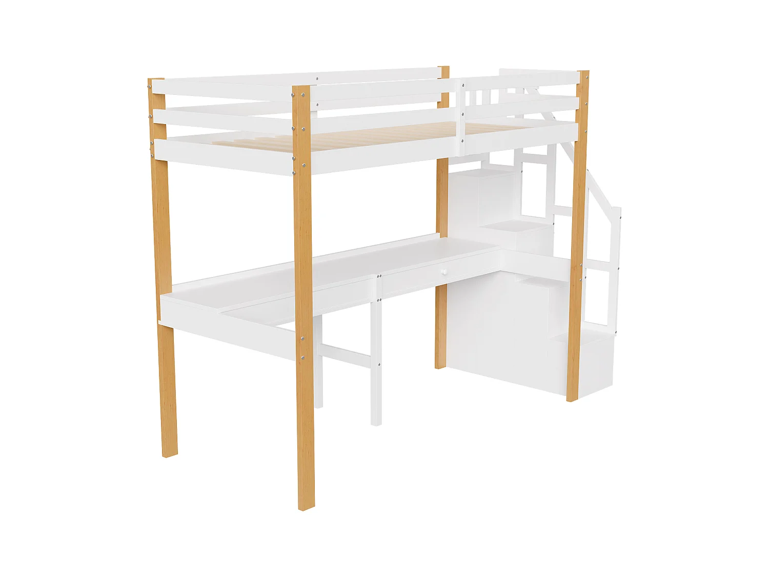 Etagenbett 90x200 cm, Hochbett mit Schreibtisch, Kinderbett mit Stauraumtreppe, Sicherheitsgeländer, weiß