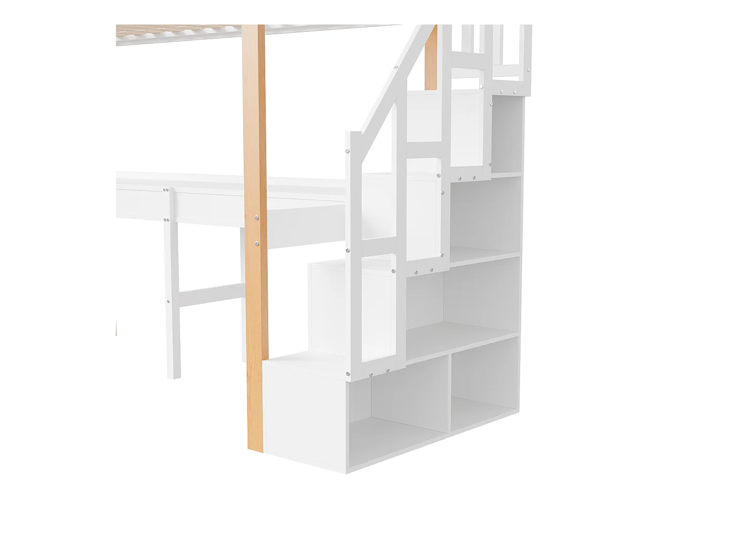 Etagenbett 90x200 cm, Hochbett mit Schreibtisch, Kinderbett mit Stauraumtreppe, Sicherheitsgeländer, weiß