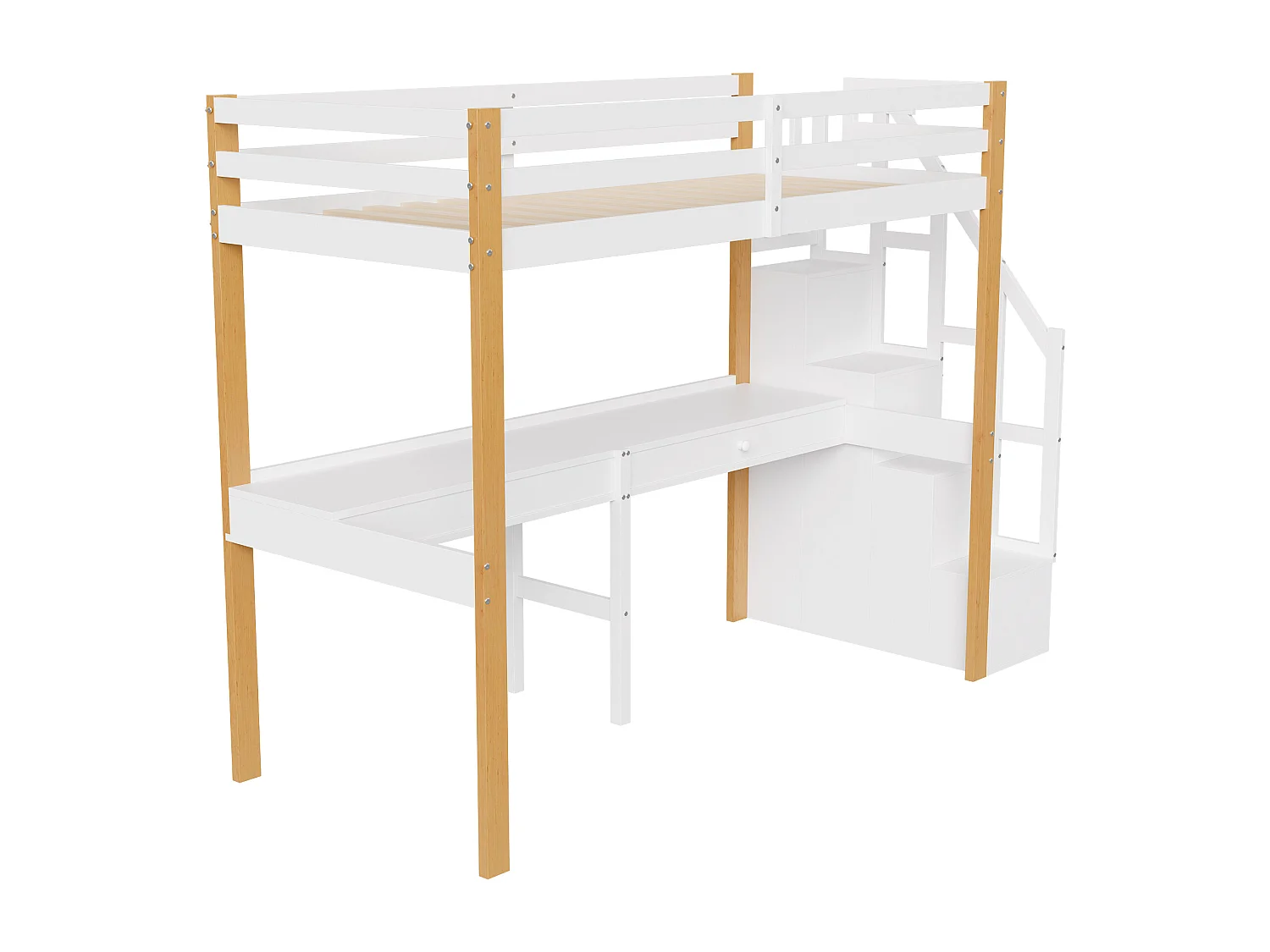 Stapelbed 90x200 cm, mezzaninebed met bureau, kinderbed met opbergtrap, veiligheidsleuning, wit