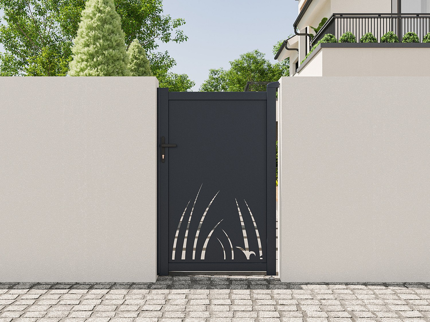 Drehflügeltor aus Aluminium mit Laser-cut Pflanzenmotiv - L103 x H166 cm - Anthrazit - BRAMENO