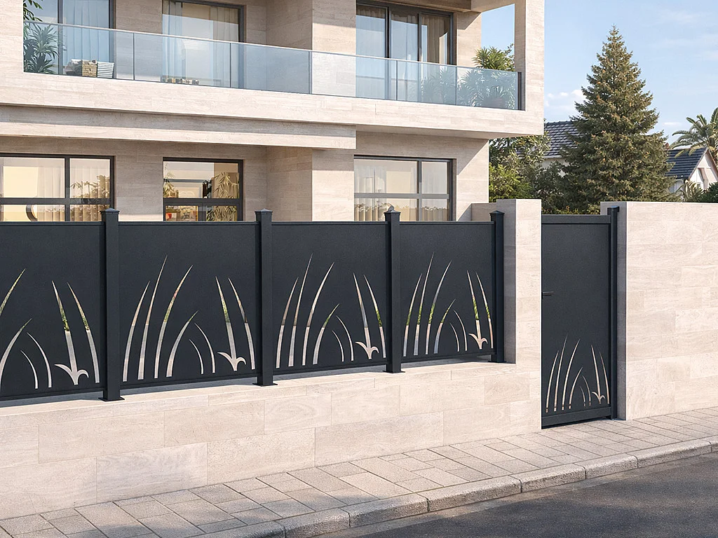 Portillon battant en aluminium à motif végétal en découpe laser - L103 x H166 cm - Anthracite - BRAMENO