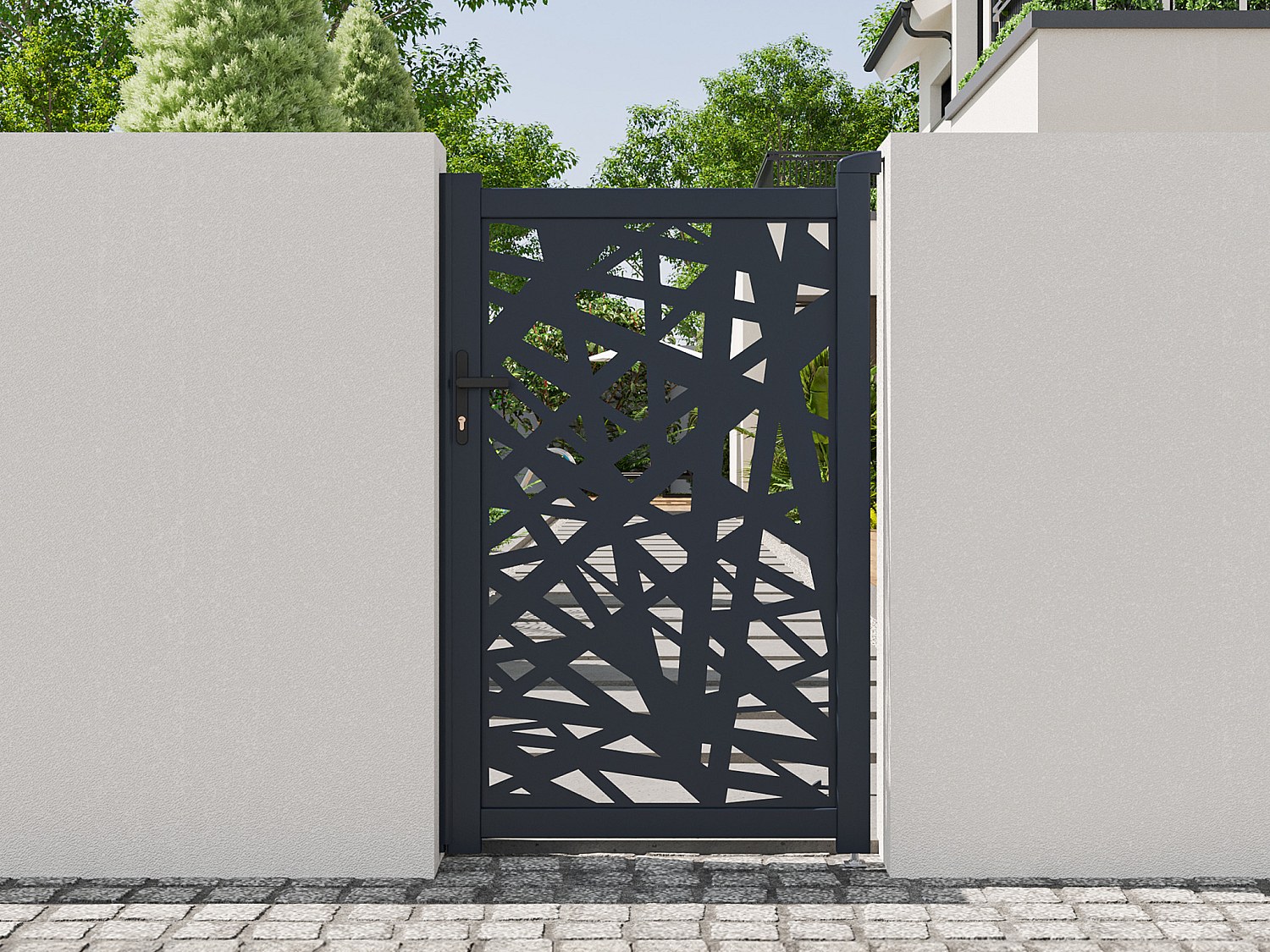 Drehflügeltor aus Aluminium mit Laser-cut geometrischem Motiv - L103 x H166 cm - Anthrazit - NATAFO