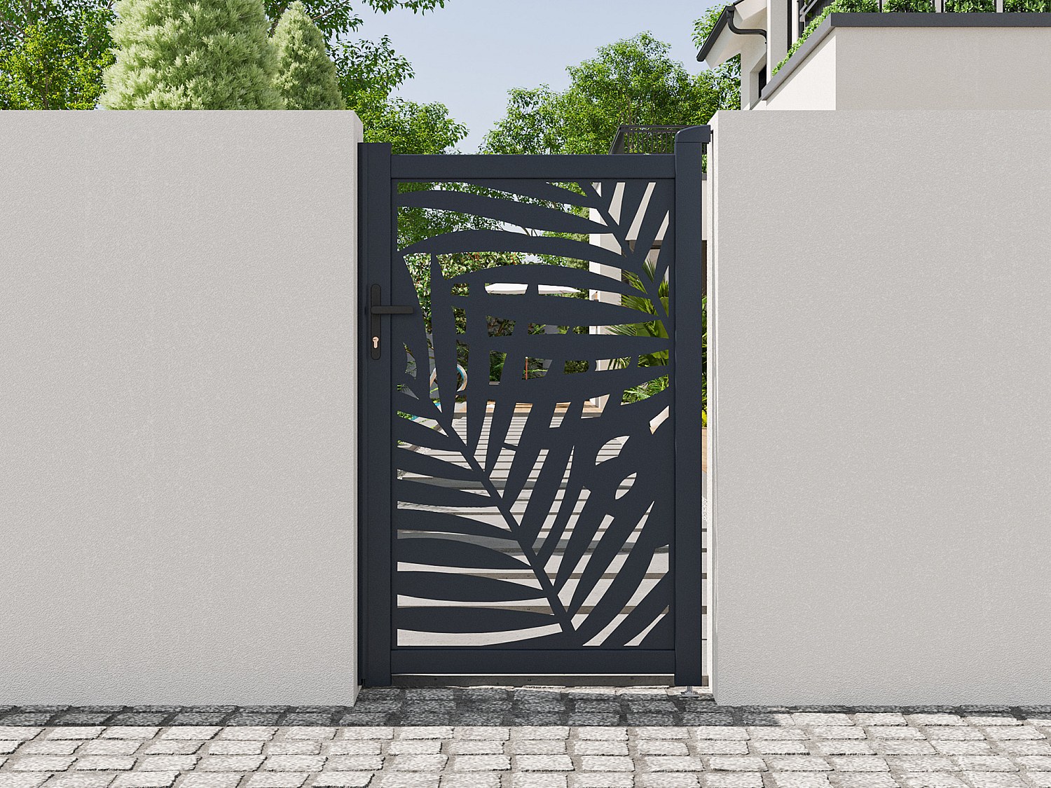 Drehflügeltor aus Aluminium mit Laser-cut Tropenmotiv - L103 x H166 cm - Anthrazit - TOGIRO