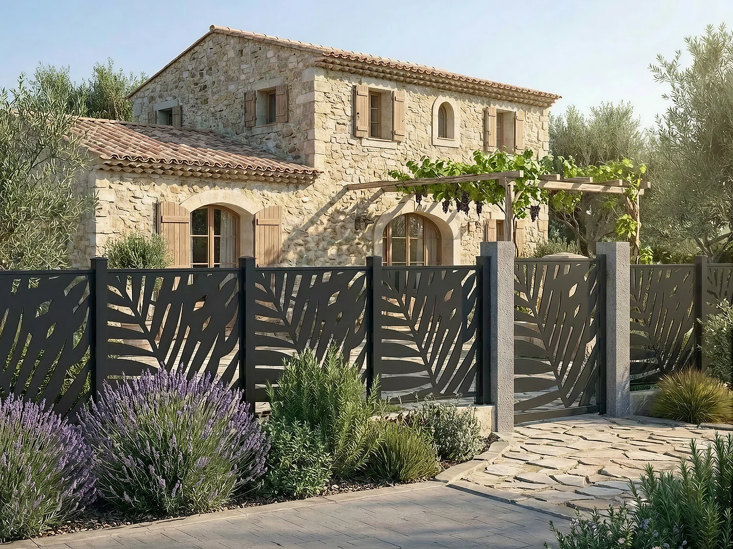 Portillon battant en aluminium à motif tropical en découpe laser - L103 x H166 cm - Anthracite - TOGIRO