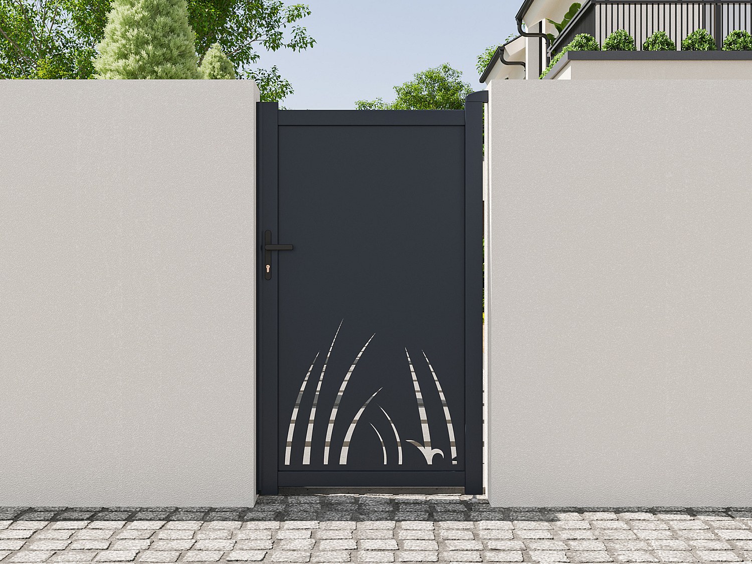 Drehflügeltor aus Aluminium mit Laser-cut Pflanzenmotiv - L103 x H181 cm - Anthrazit - BRAMENO