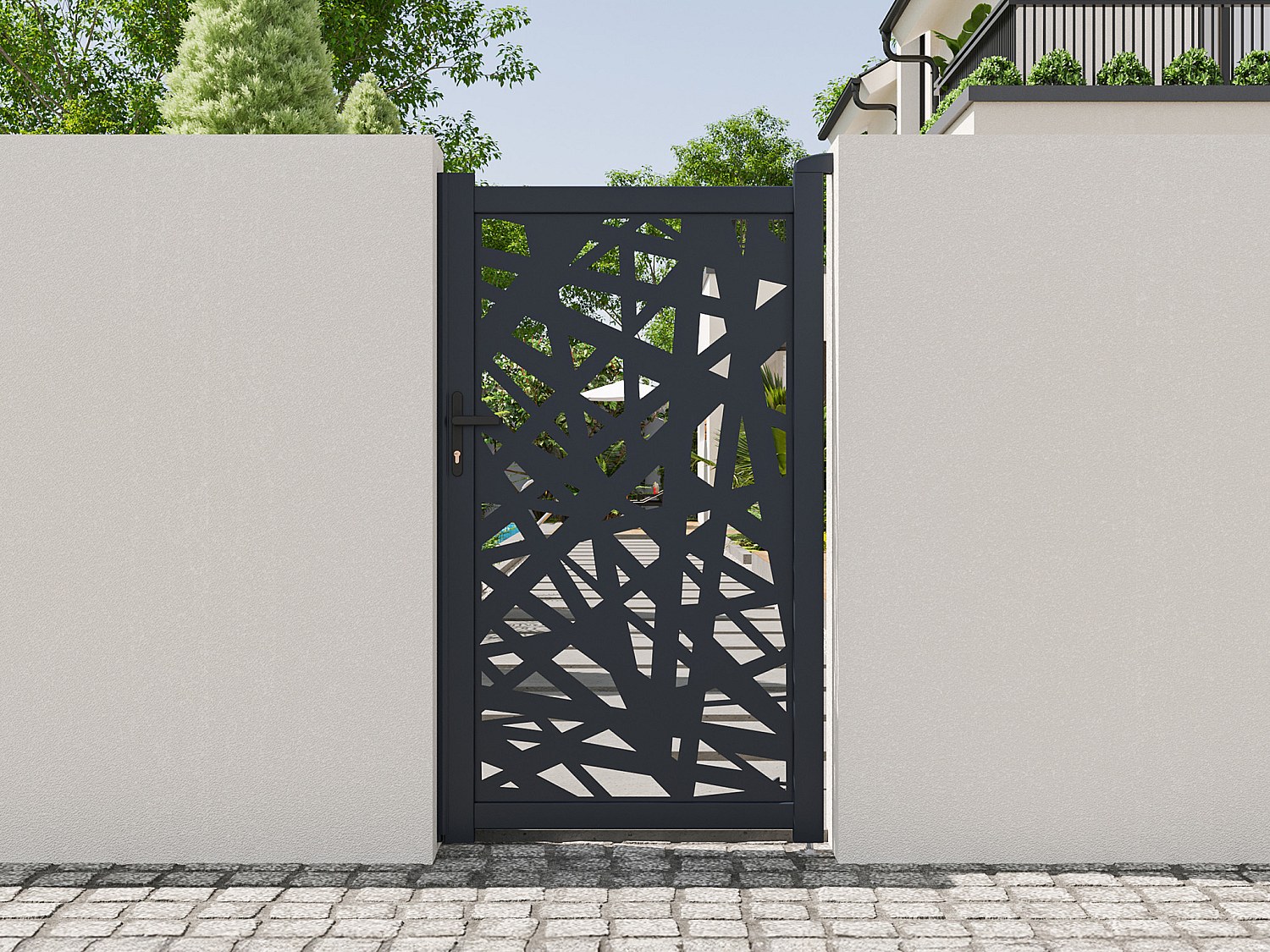 Drehflügeltor aus Aluminium mit Laser-cut geometrischem Motiv - L103 x H181 cm - Anthrazit - NATAFO
