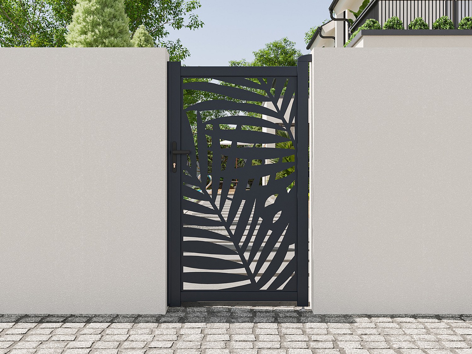 Drehflügeltor aus Aluminium mit Laser-cut Tropenmotiv - L103 x H181 cm - Anthrazit - TOGIRO