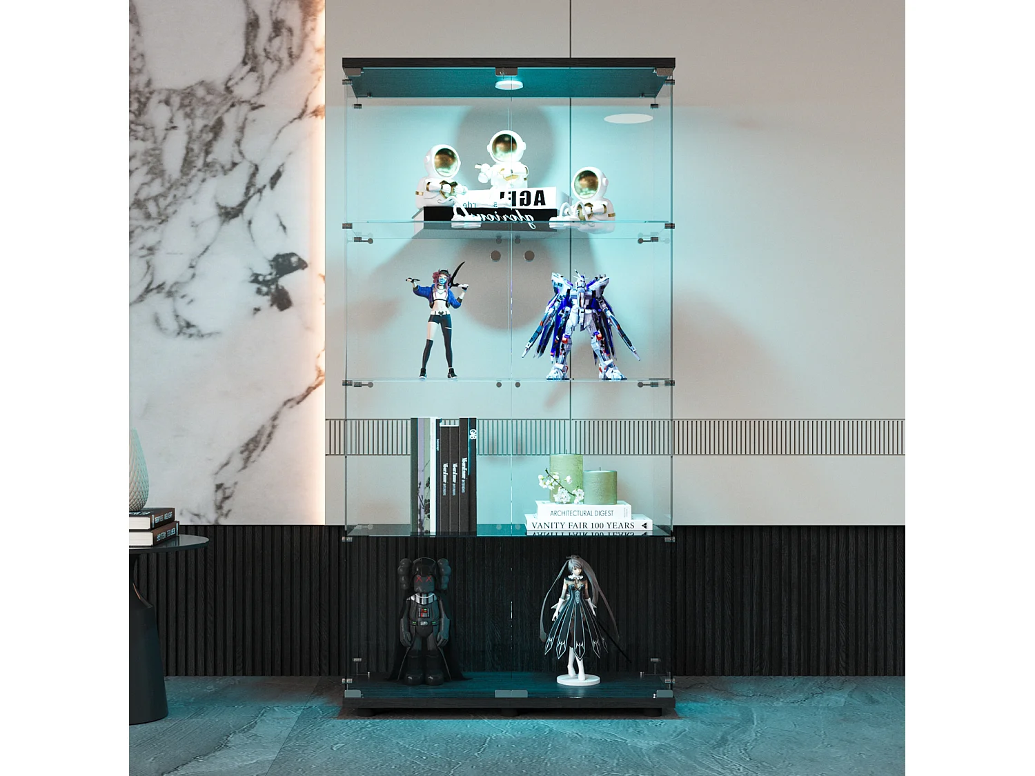 Vitrina de cristal LED – 4 estantes, 2 puertas, vitrina independiente, negra, 80,49 x 36,49 x 163,9 cm