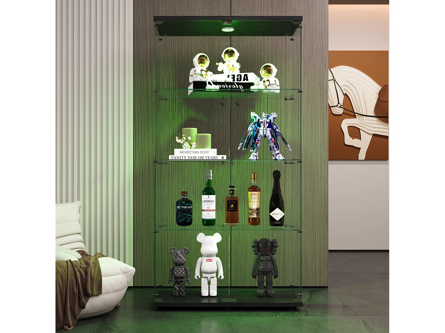 Vitrina de cristal LED – 4 estantes, 2 puertas, vitrina independiente, negra, 80,49 x 36,49 x 163,9 cm