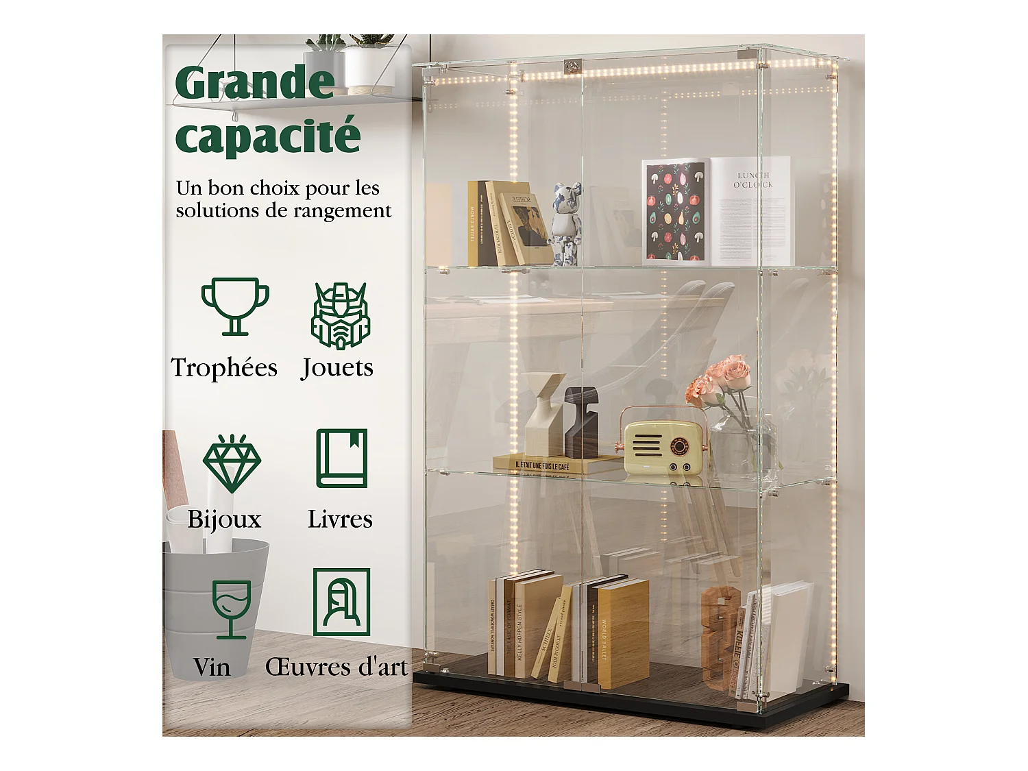 Vitrine de salon avec 4 étagères et portes doubles – Meuble élégant pour salon