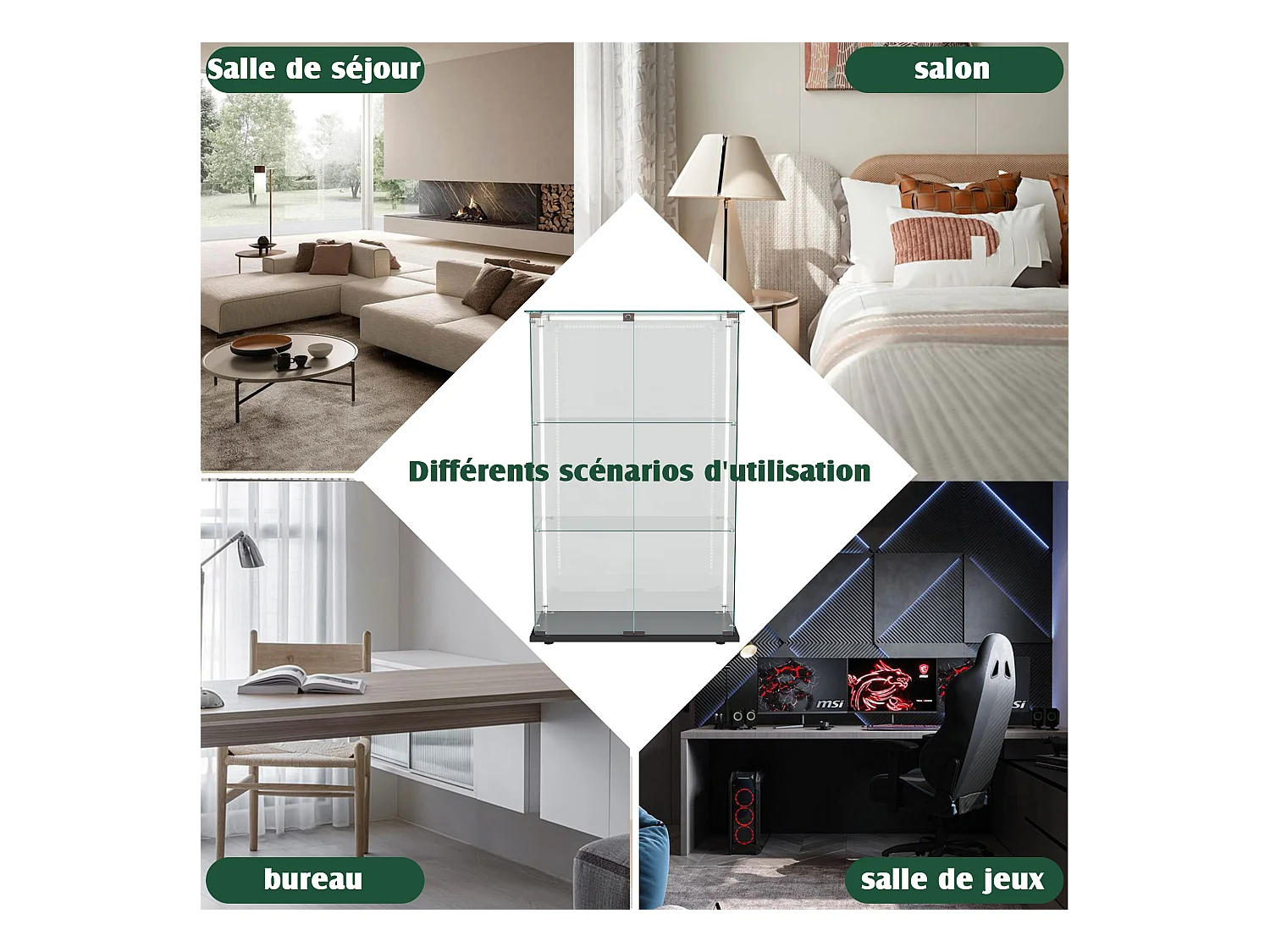 Vitrine de salon avec 4 étagères et portes doubles – Meuble élégant pour salon