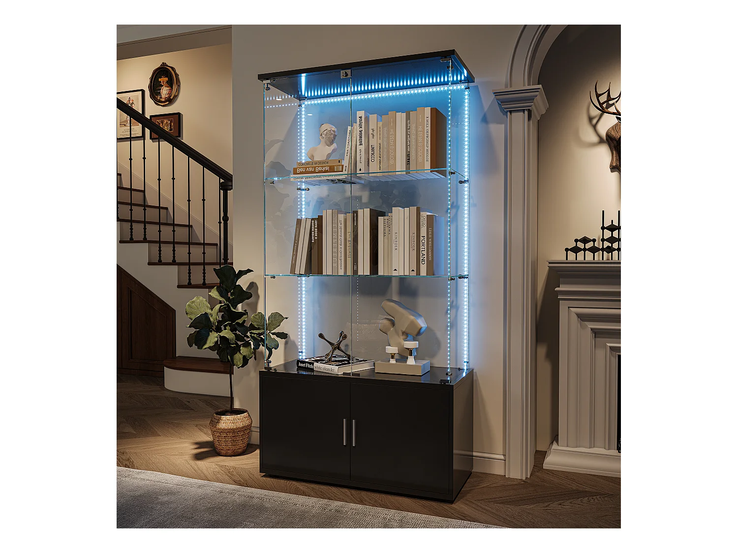 Vitrinekast met 3 planken, kasten en LED-verlichting - Modern design, Zwart