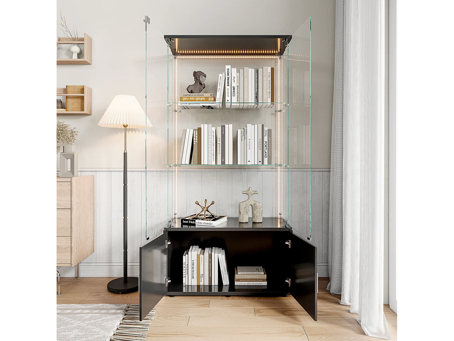 Vitrinekast met 3 planken, kasten en LED-verlichting - Modern design, Zwart