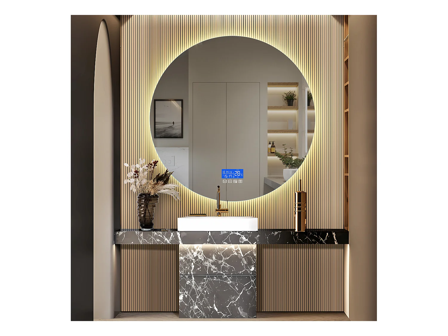 Runder Antibeschlag-Badezimmerspiegel 100 cm - LED, Temperatur, 3 Helligkeitsstufen