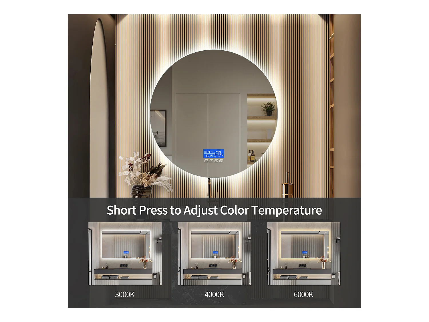 Runder Antibeschlag-Badezimmerspiegel 100 cm - LED, Temperatur, 3 Helligkeitsstufen