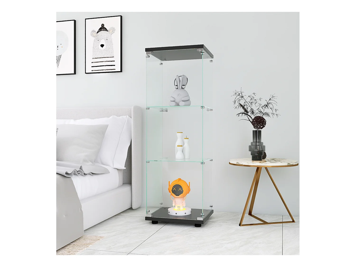 Vitrine de vidro - 3 prateleiras, estante de madeira moderna, portas com fechadura, preta