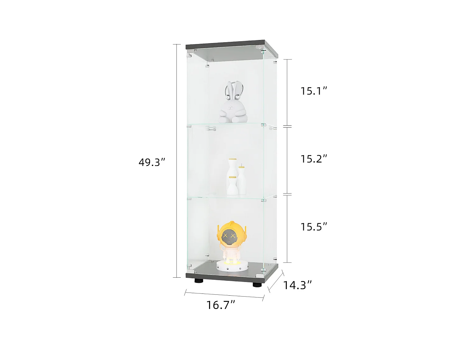 Vitrine de vidro - 3 prateleiras, estante de madeira moderna, portas com fechadura, preta