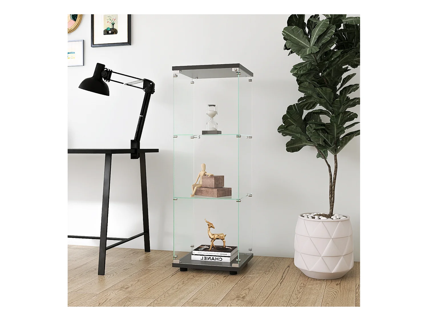 Vitrine de vidro - 3 prateleiras, estante de madeira moderna, portas com fechadura, preta