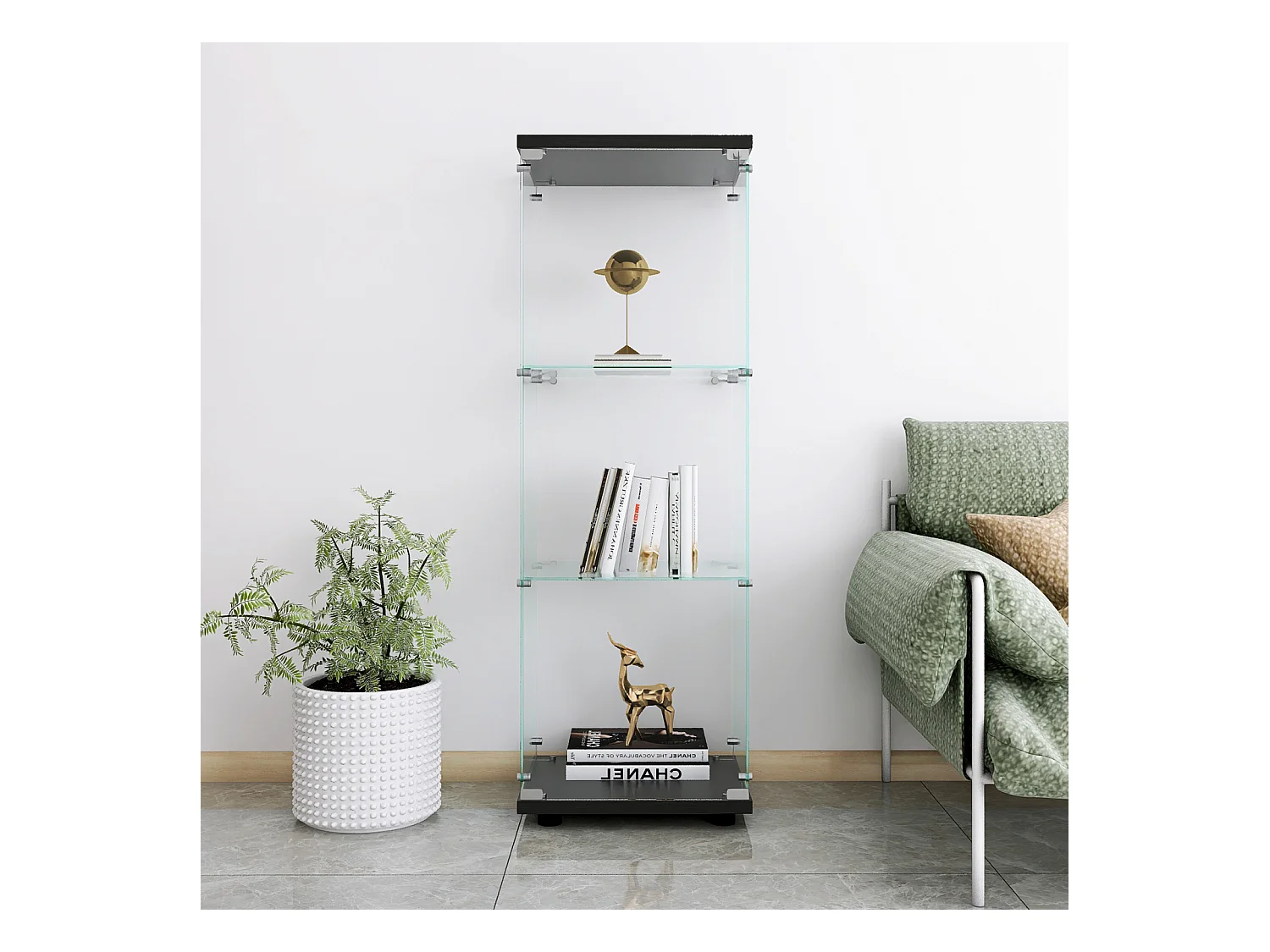 Vitrine de vidro - 3 prateleiras, estante de madeira moderna, portas com fechadura, preta