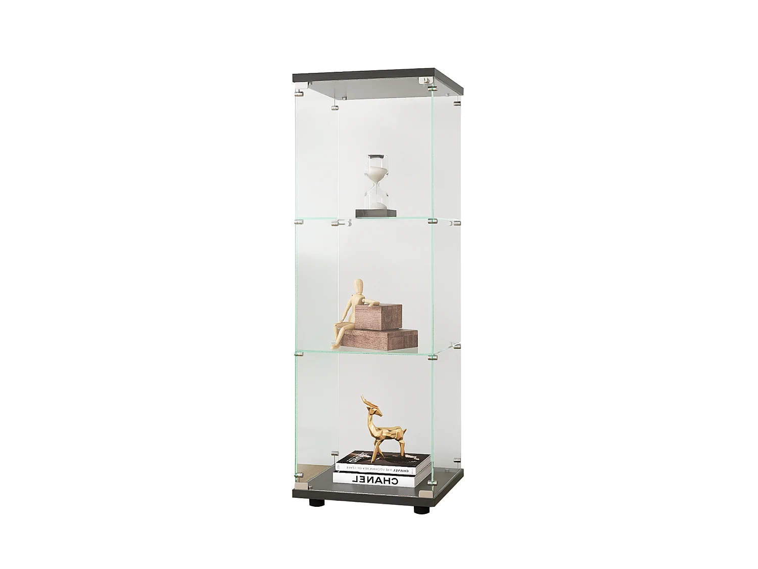 Vitrine en verre – 3 étagères, Bibliothèque moderne en bois, Portes avec serrure, Noir