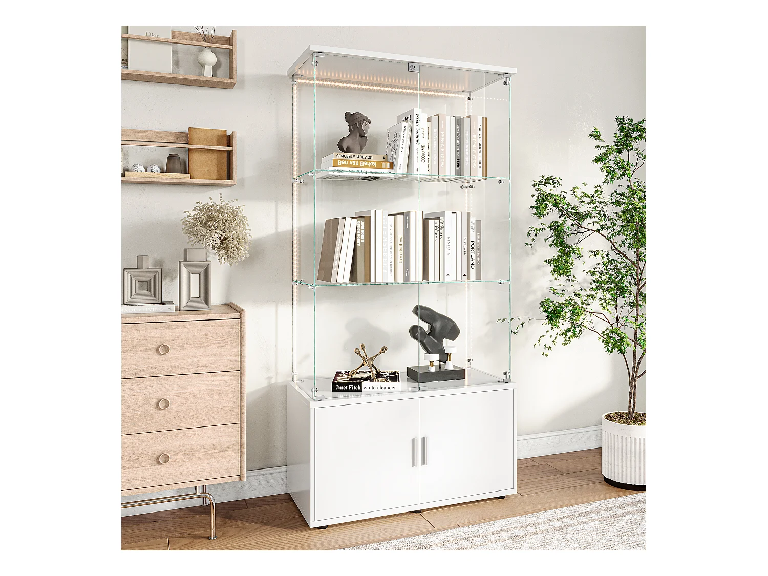 Vitrine de vidro com 3 prateleiras, armários e iluminação LED - Design moderno, Branco