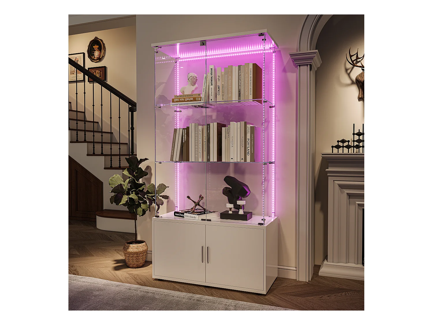 Vitrine de vidro com 3 prateleiras, armários e iluminação LED - Design moderno, Branco