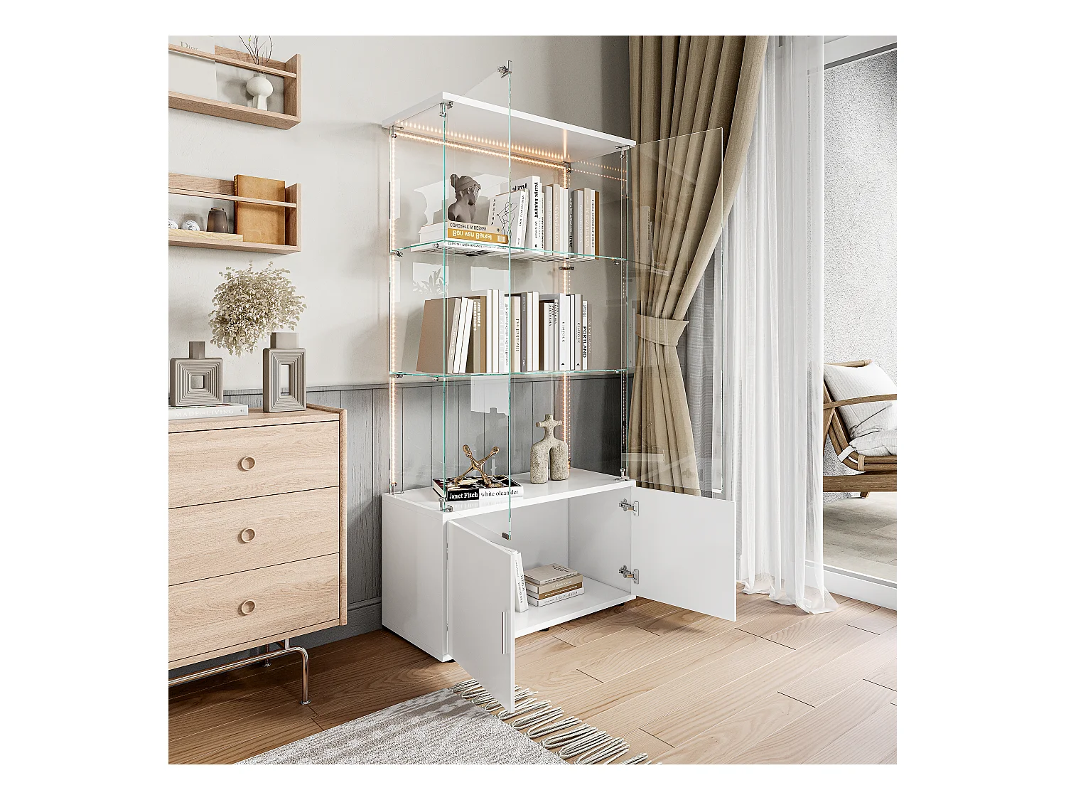 Vitrine de vidro com 3 prateleiras, armários e iluminação LED - Design moderno, Branco