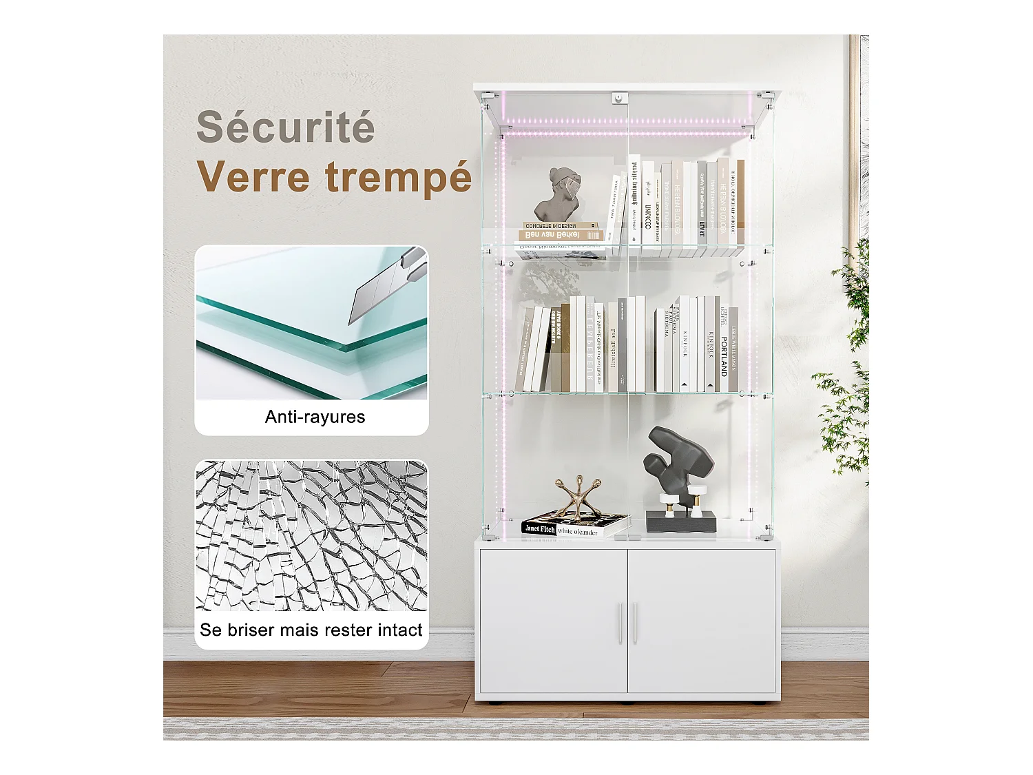 Vitrine de vidro com 3 prateleiras, armários e iluminação LED - Design moderno, Branco