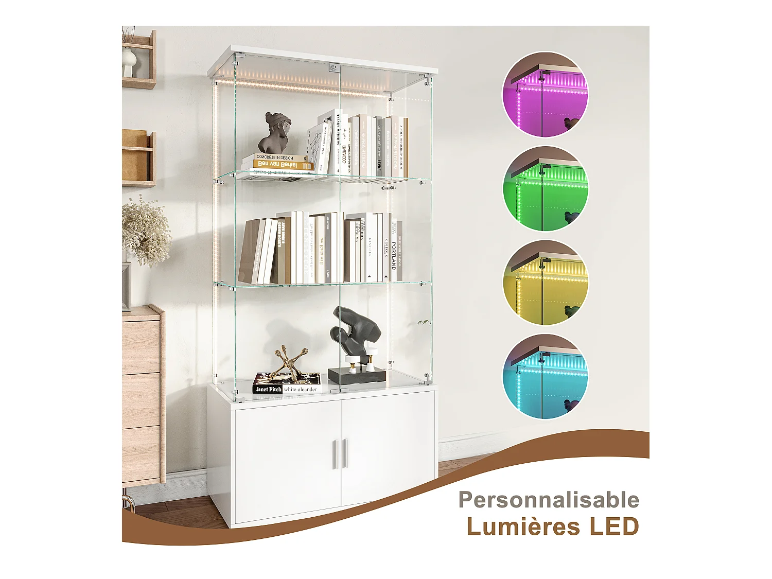 Vitrine de vidro com 3 prateleiras, armários e iluminação LED - Design moderno, Branco