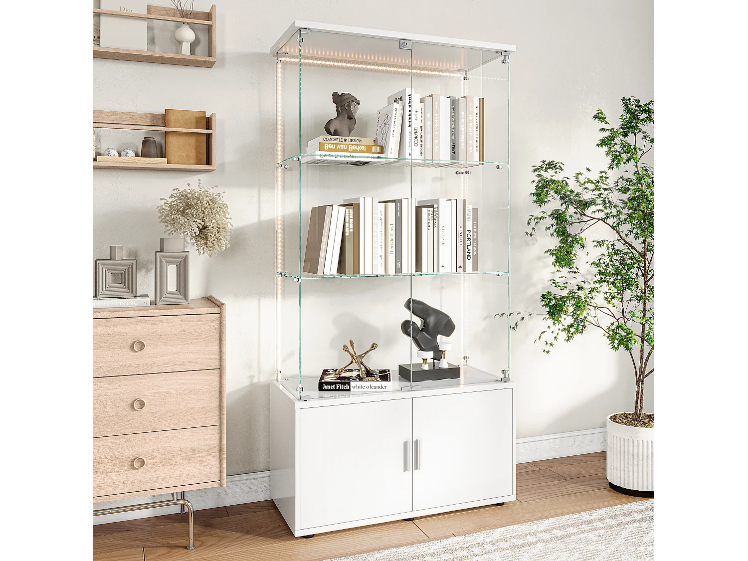 Vitrina de cristal con 3 estantes, armarios e iluminación LED - Diseño moderno, Blanco