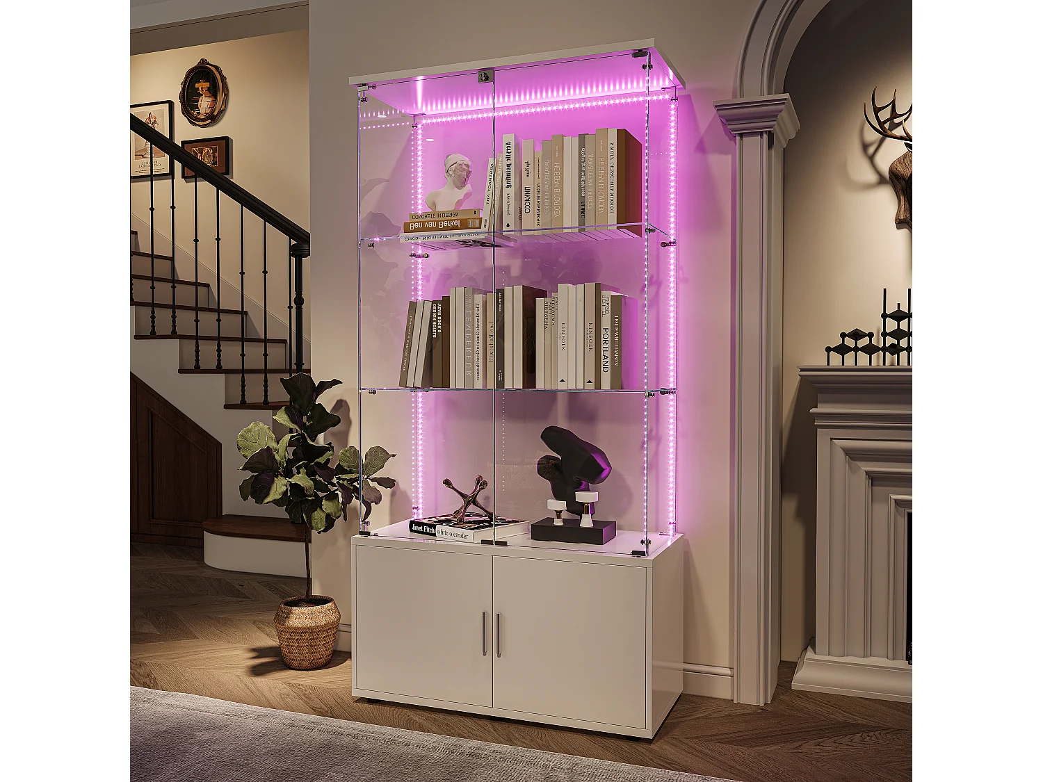 Vitrina de cristal con 3 estantes, armarios e iluminación LED - Diseño moderno, Blanco