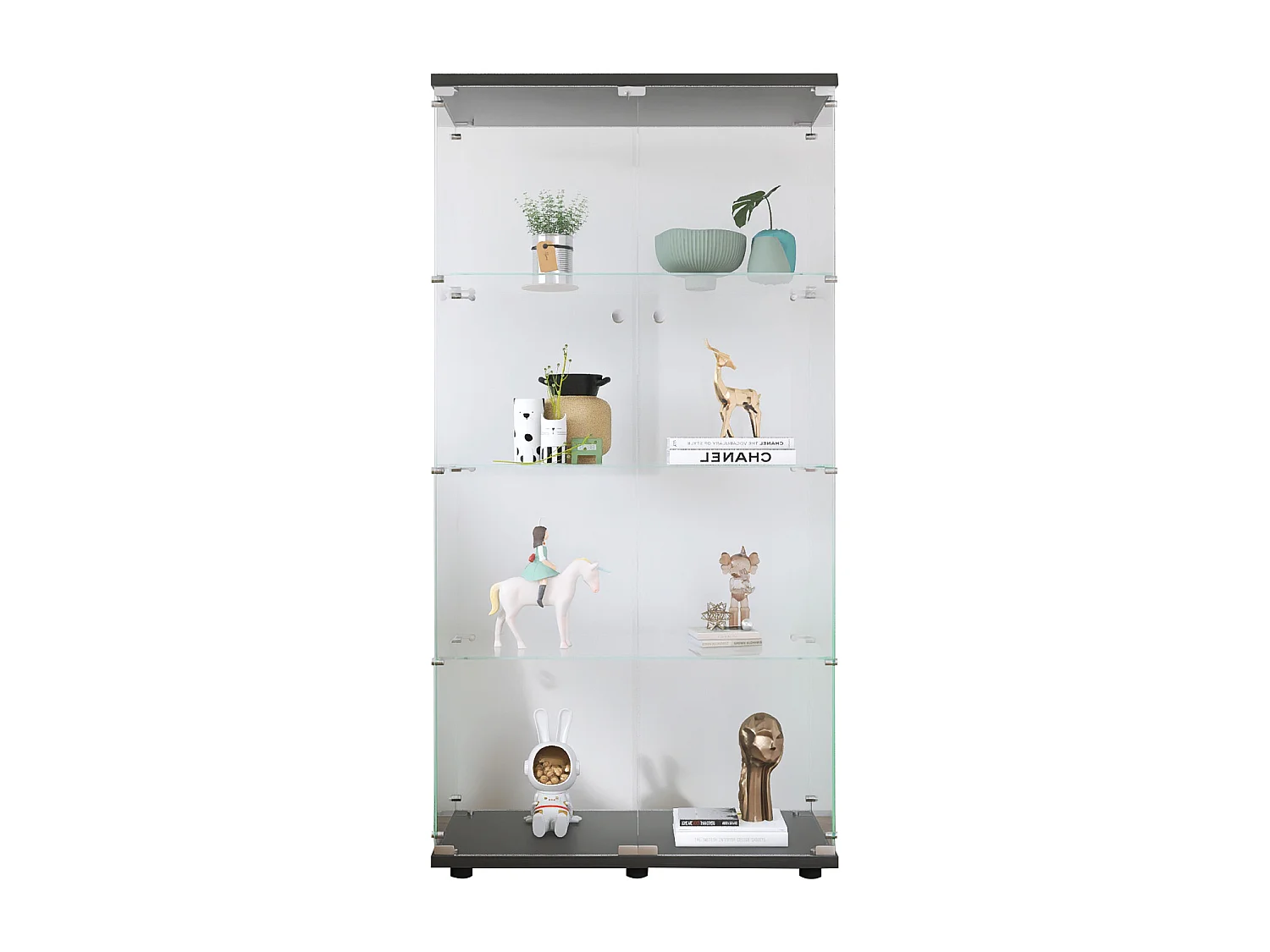 Glasvitrine - 4 Böden, 2 Türen, freistehende Vitrine, schwarz, 81x37x165 cm