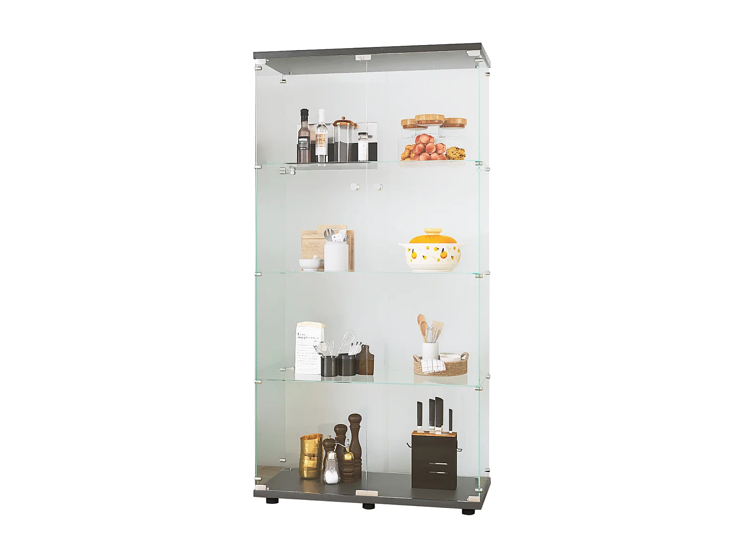Vitrina de cristal – 4 estantes, 2 puertas, vitrina independiente, negra, 81x37x165 cm