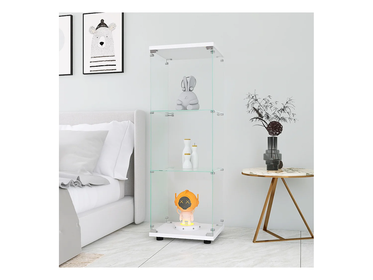 Vitrine en Verre GARHELPER – 3 Étagères, 1 Porte, Verre Trempé, Blanc, 42x36x125 cm