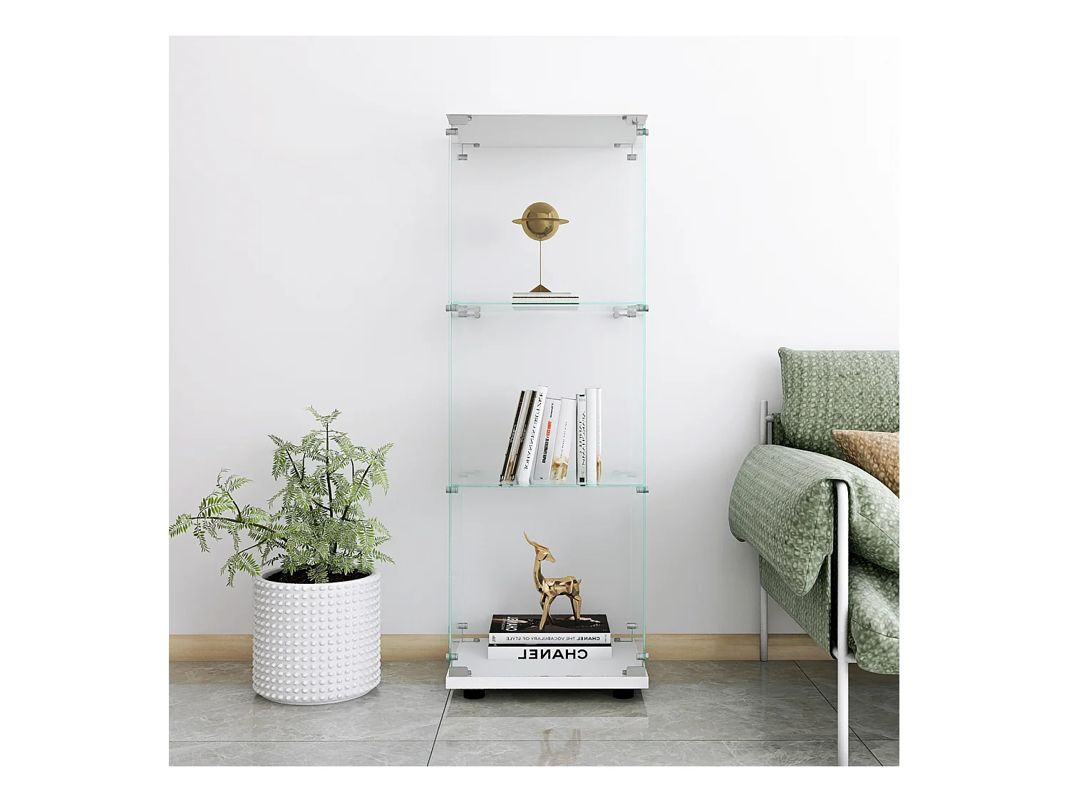 Vitrine en Verre GARHELPER – 3 Étagères, 1 Porte, Verre Trempé, Blanc, 42x36x125 cm