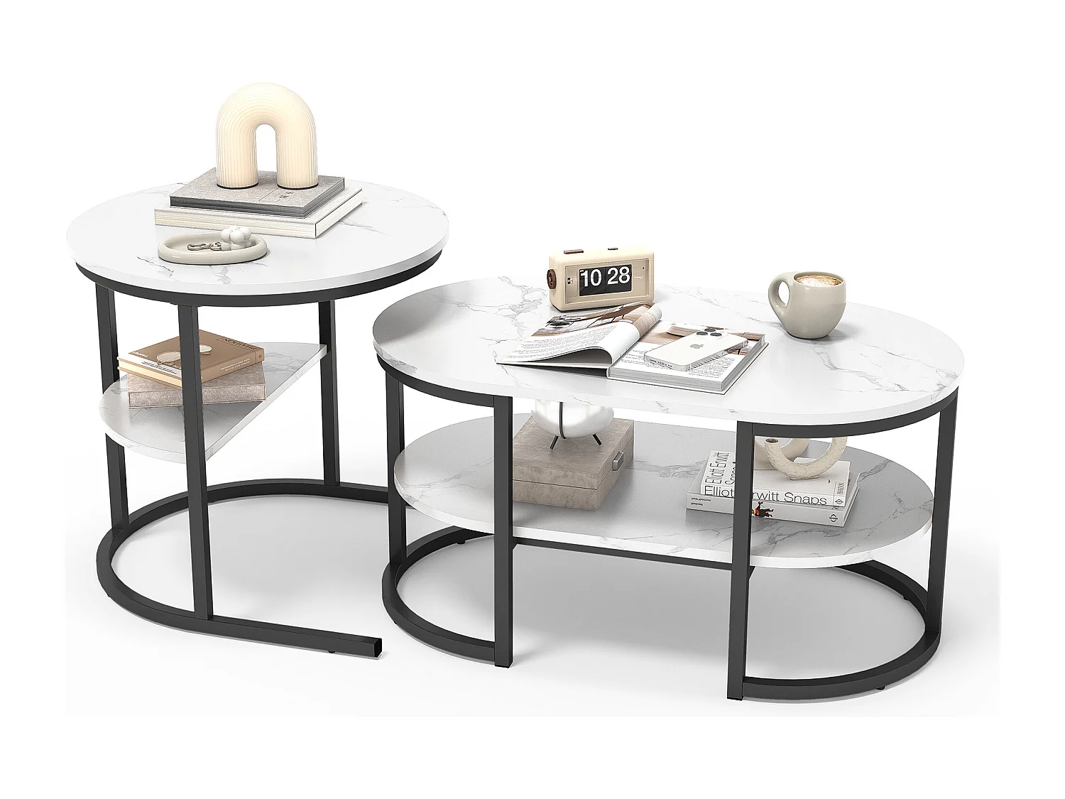 Lot de 2 Tables Basses Gigognes Scandinaves – Ovale, Imprimé Marbre, Étagères de rangement, Cadre Métal Noir