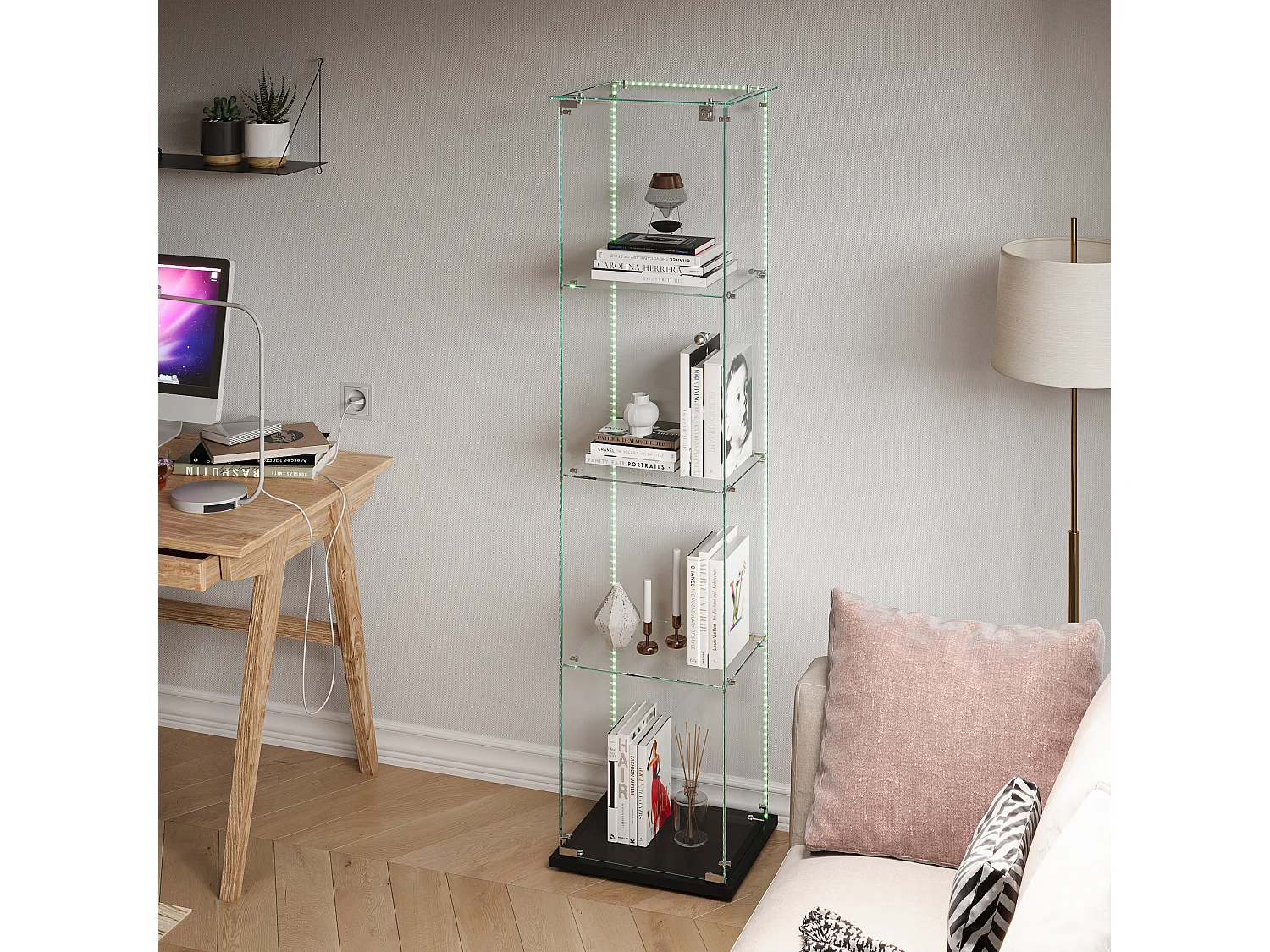 Vitrina de cristal con 5 estantes y puertas dobles para salón.