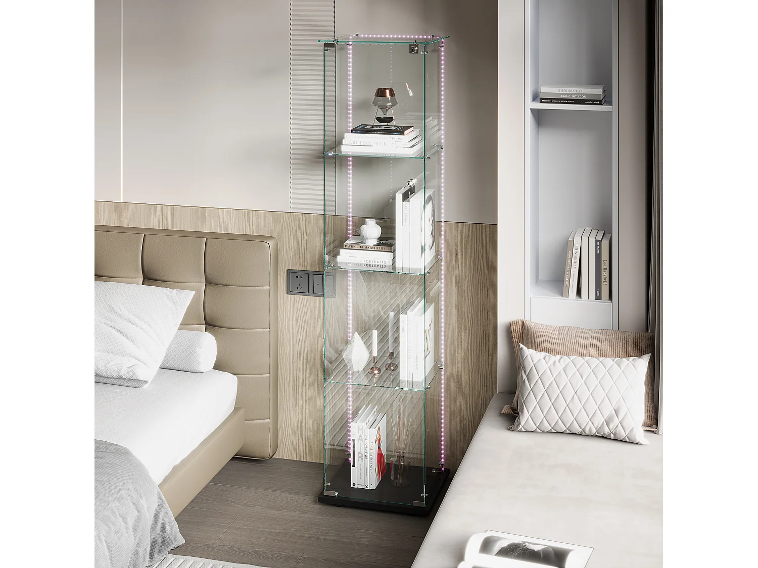 Vitrina de cristal con 5 estantes y puertas dobles para salón.