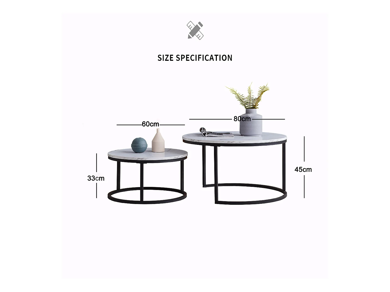 Lot de 2 tables basses gigognes – Marbre blanc et métal noir, Moderne, Table d'appoint ronde pour salon et chambre