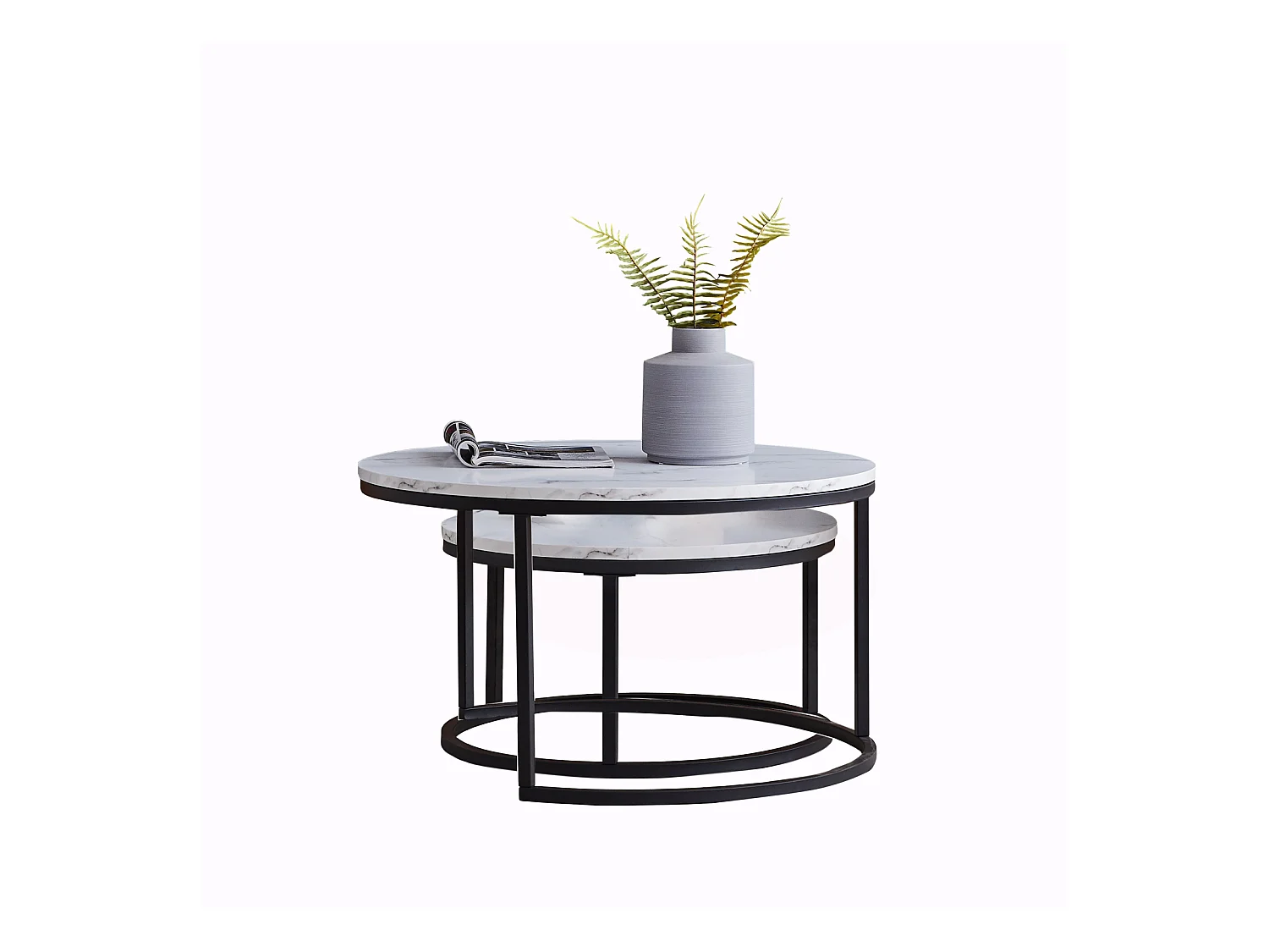 Lot de 2 tables basses gigognes – Marbre blanc et métal noir, Moderne, Table d'appoint ronde pour salon et chambre