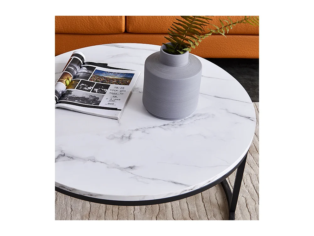 Lot de 2 tables basses gigognes – Marbre blanc et métal noir, Moderne, Table d'appoint ronde pour salon et chambre