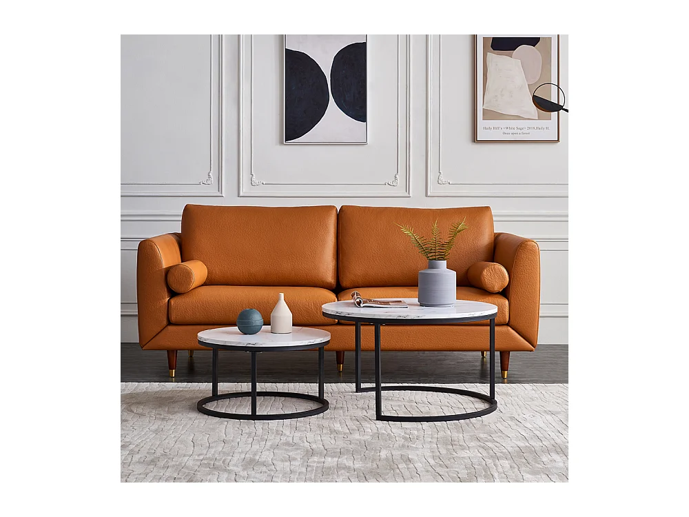 Set van 2 in elkaar passende salontafels - wit marmer en zwart metaal, moderne ronde bijzettafel voor woonkamer en slaapkamer