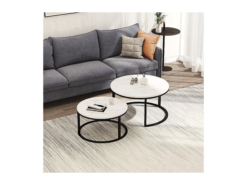 Set van 2 in elkaar passende salontafels - wit marmer en zwart metaal, moderne ronde bijzettafel voor woonkamer en slaapkamer